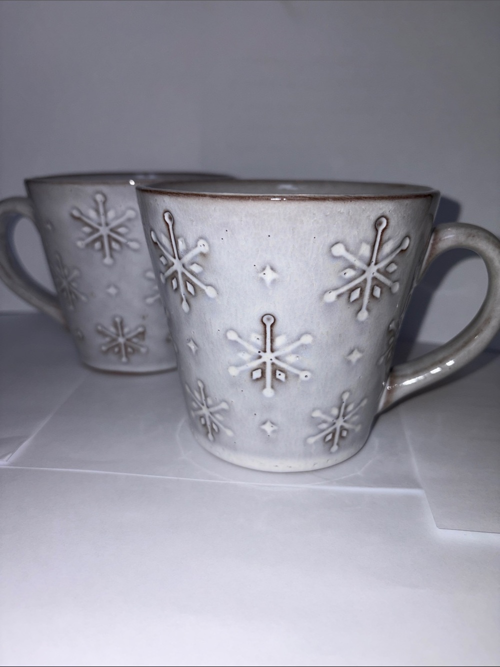 Crate&Barrel Gray Snowflake Ceramic Mugs